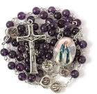Purple Amethyst Beads with Miraculous Epoxy Heart Metal Beads Rosary Necklace