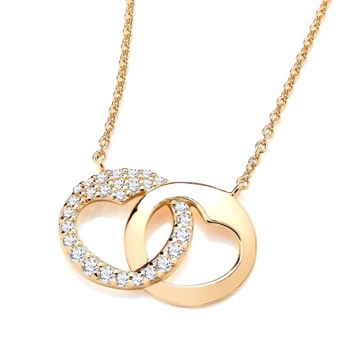 Halskette 9 kt Gelbgold auf Silber simulierter Diamant ineinandergreifendes HERZ 18 Zoll