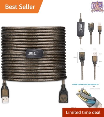 USB 2.0 Extension Cable 50ft Braided High Speed Data Transfer Indoor/Outdoor Use