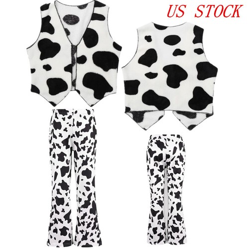 Kids Boys Girls Cow Printed Waistcoat Long Pants Cos Outfits Party Cute Costume - Picture 1 of 21