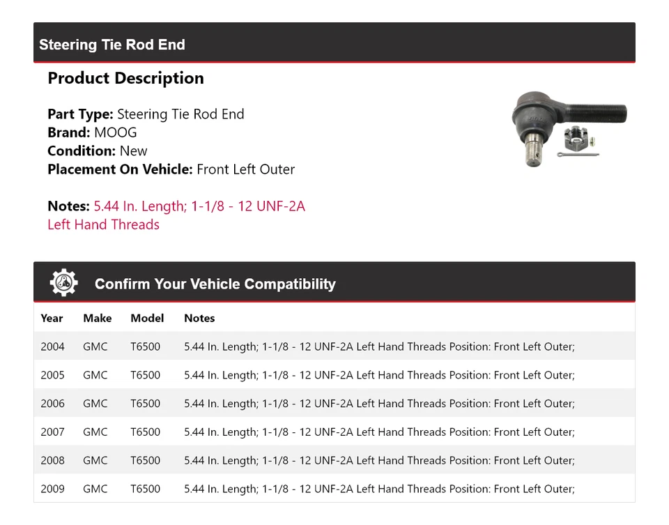 Extremo de barra de dirección exterior delantero izquierdo MOOG 2004 2005 para GMC T6500 2004-2009 Foto 2 de 4
