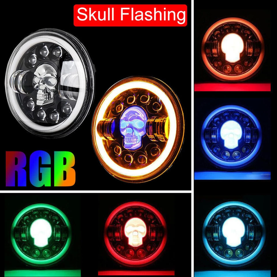 Faro LED calavera 7" ojos de ángel para motocicleta Harley-Davidson Honda Yamaha EE. UU. Foto 2 de 4