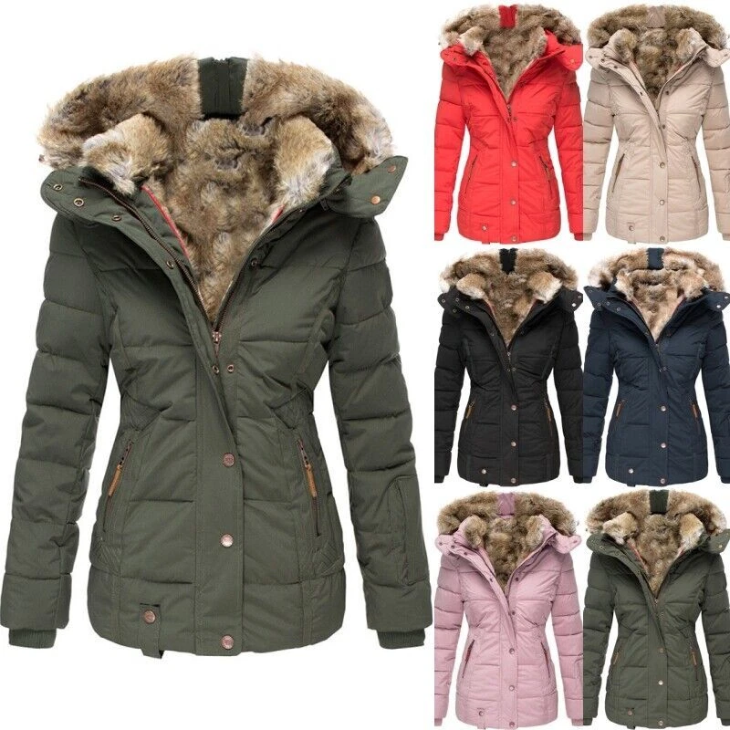 Womens Designer Winter Warm Parker Quilted Coat Fur Thick Hoodie Zip Up Jacket - Image 2 of 4