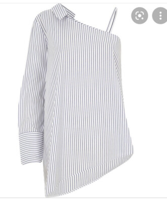 River Island Blue Stripe One Shoulder Long Sleeve Shirt Blouse UK