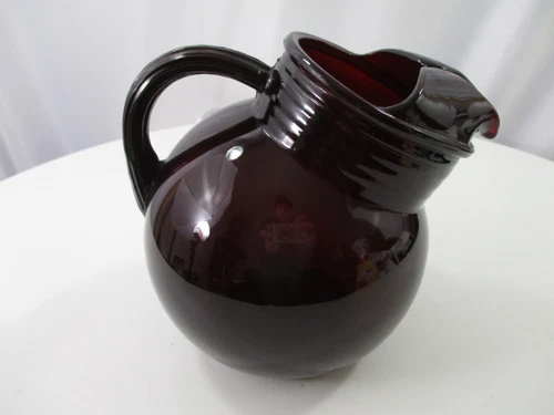 Vintage Anchor Hocking Royal Ruby Red Glass Tilted Ball Jug Pitcher with Ice Lip