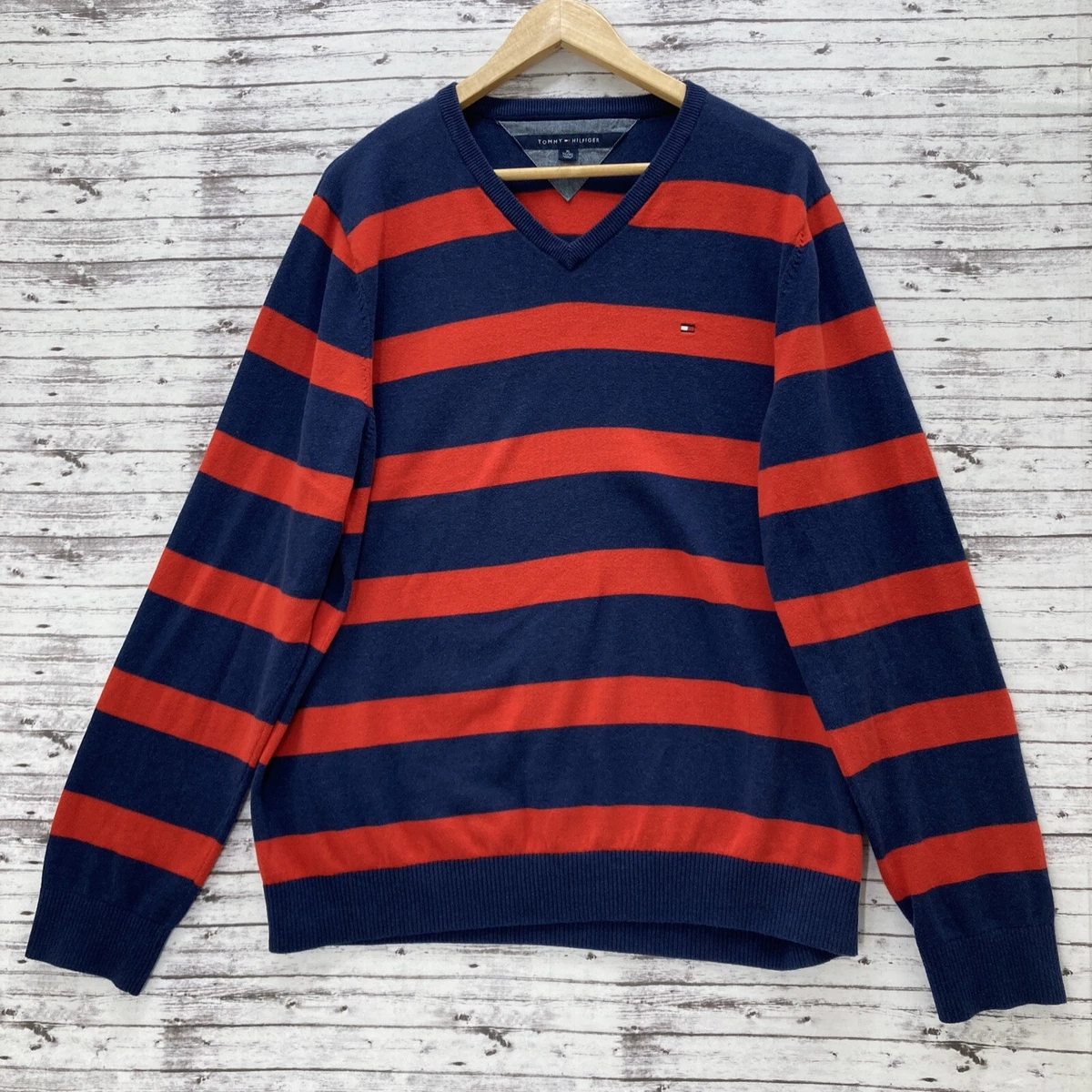 Tommy Hilfiger V Neck Sweater Men Size XL Red Blue Striped Classic Cotton