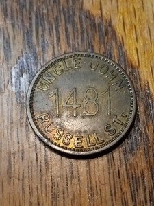 Uncle John 1481 Russell St. Good For 5 In Trade Brass Token Nickel Size Detroit