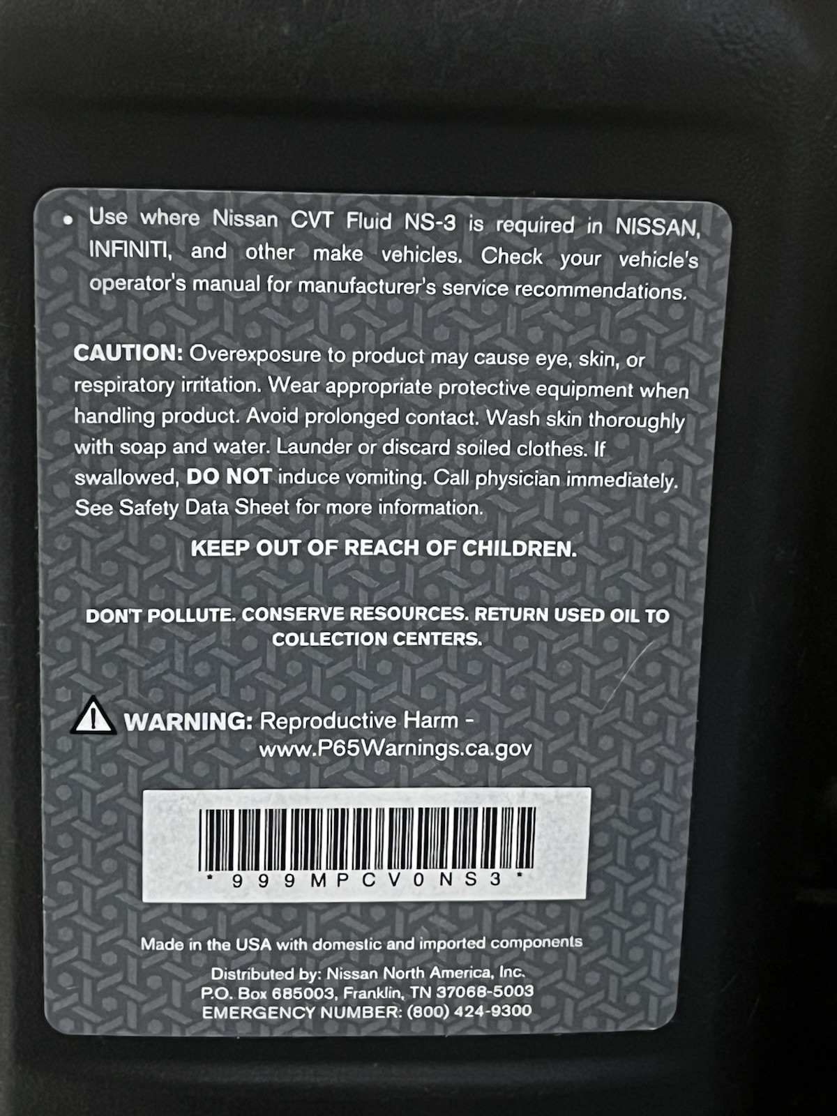 NEW SEALED 1 Quart Genuine OEM Nissan CVT Transmission Fluid NS-3 999MP-CV0NS3