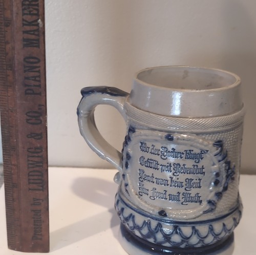 German Beer Mug Relief Design Blue Accents Stoneware Breweriana