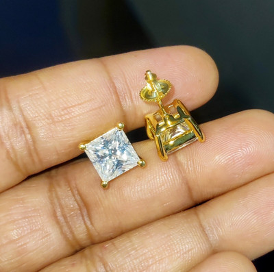 3Ct Princess Natural Moissanite Solitaire Stud Earrings 14K Yellow Gold Plated