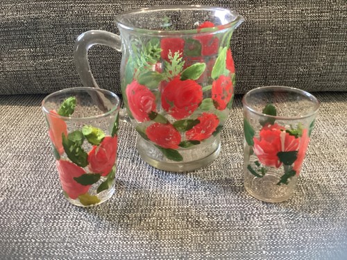 Vintage Hand Painted Glass Pitcher & Glasses with Rose Motif