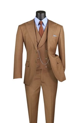 Vinci Men's Modern Fit 3-Piece Suit with Adjustable Waist Band Pants Light Brown