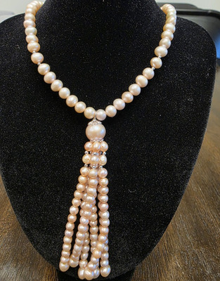 DCN Sterling Silver 925 Pink Freshwater Pearl Lariat Tassel Necklace Signed