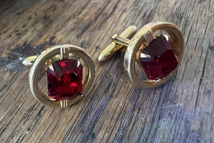 Men’s Suit & Tie Accessory Vintage Swank Ruby Red Glass Gold Cufflinks - Image 3 of 4