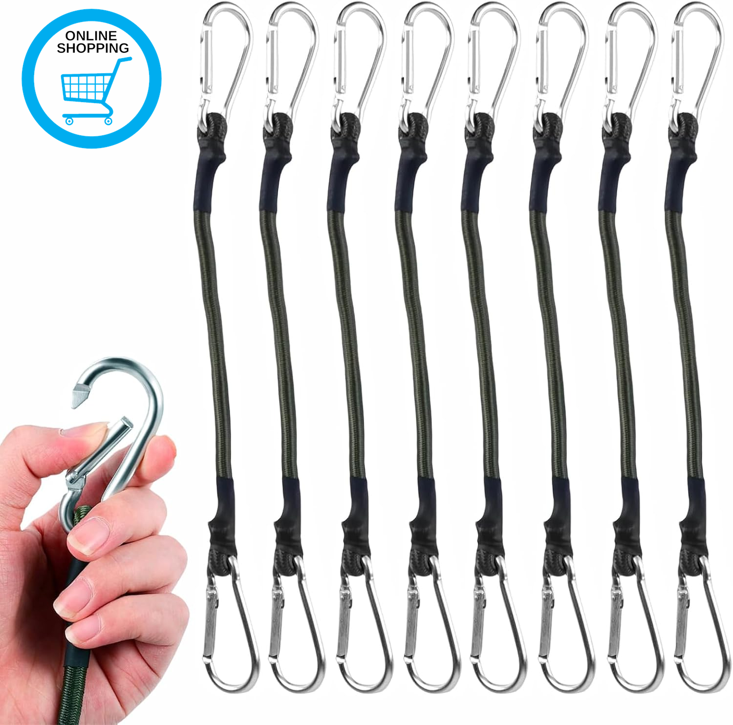 8 PCS Bungee Cords with Carabiner Clips, 30Cm Expander with Carabiner Hook, Rubb