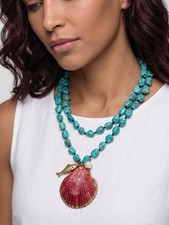 Turquoise Bead Necklace with Red Shell Pendant - Women Jewelry