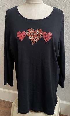Karen Scott Women's Black Top Red Heart Valentine Size 1X