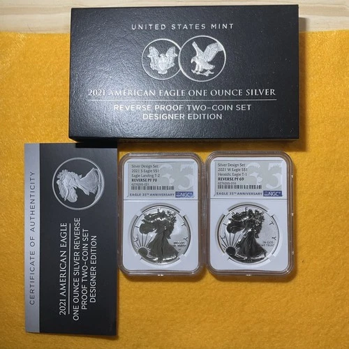 2021 Reverse Proof $1 American Silver Eagle Designer Coin Set NGC FR PF69 & PF70