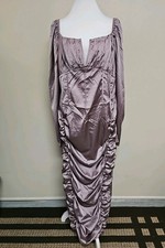 NWT PRETTYLITTLETHING Women's Plus Maxi Dress Long Sleeve V-Neck Satin.Size 16