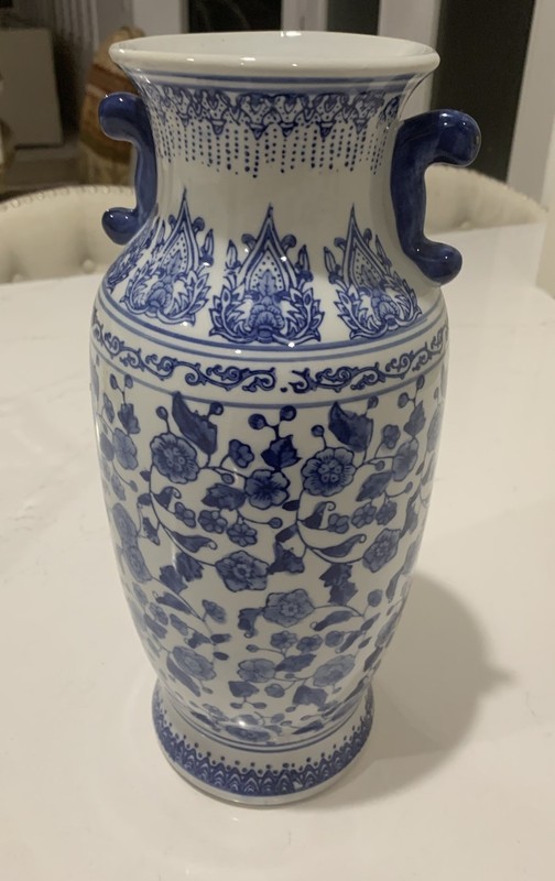 Blue and White Porcelain Vase Floral Design 14”