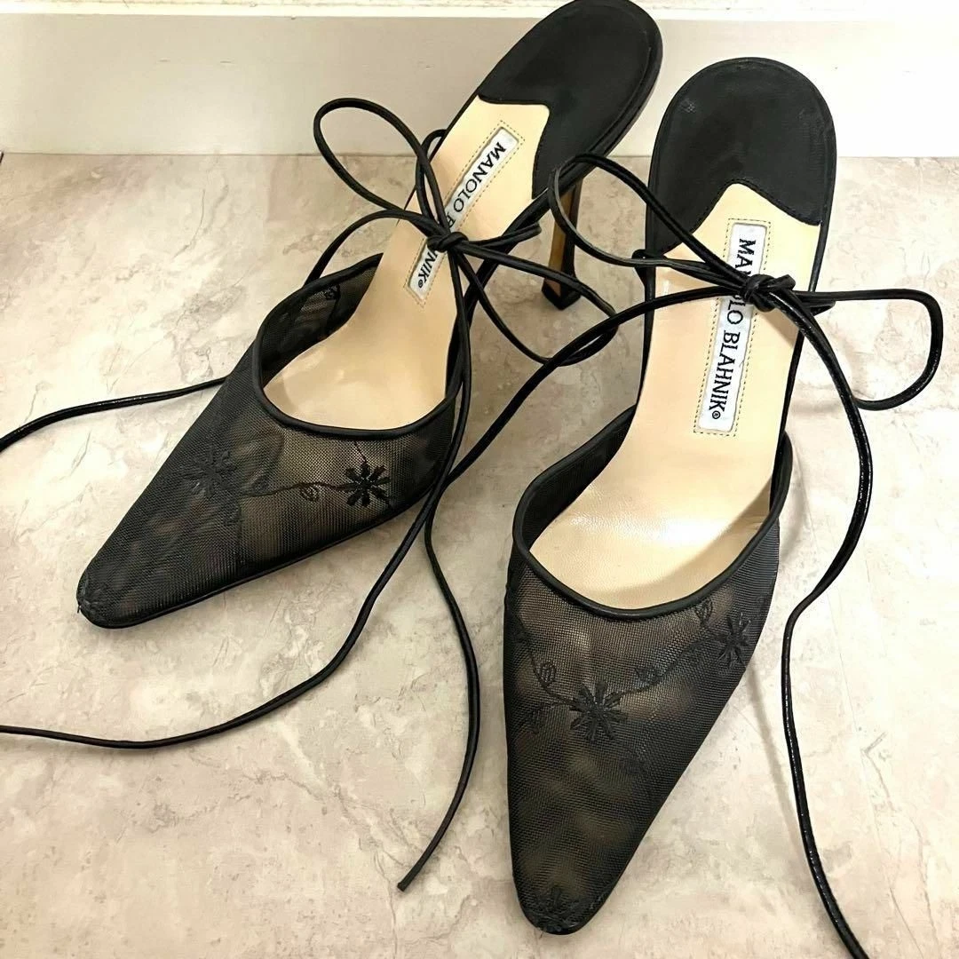 MBT MANOLO BLAHNIK sandali neri stringati mulo pizzo ricamato floreale taglia 37 US 7