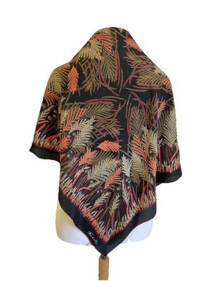 Vintage Codello Silk Scarf - Black with Red/Gold Fern Leaf Pattern #A22