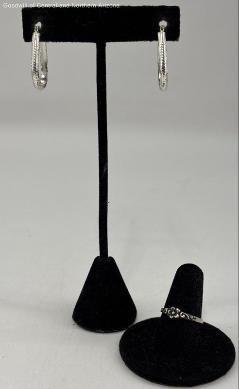 925 Sterling Silver Jewelry w/Hoop Earrings, Floral Ring 3.44g