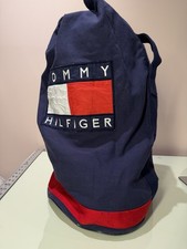 Vintage 90 s TOMMY HILFIGER Navy Blue Cotton Canvas Large DUFFLE Sling Gym BAG