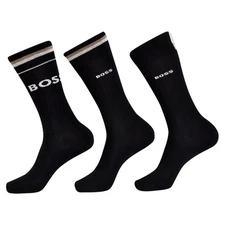 Hugo Boss Men's 3-Pairs Iconic Trouser Socks Black 2-Stripe Logo Sz. 7-13