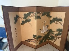 Vintage JAPANESE HAND PAINTED ON SILK 4 PANEL VINTAGE FOLDING SCREEN FLOW