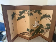 Vintage JAPANESE HAND PAINTED ON SILK 4 PANEL VINTAGE FOLDING SCREEN FLOW