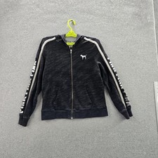 Victoria's Secret PINK Women Hoodie M Black Logo Zipper Text Long Sleeve READ