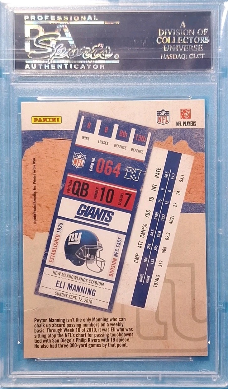 Eli Manning #64 (2010 Playoff Contenders) PSA GEM MINT 10 view 2