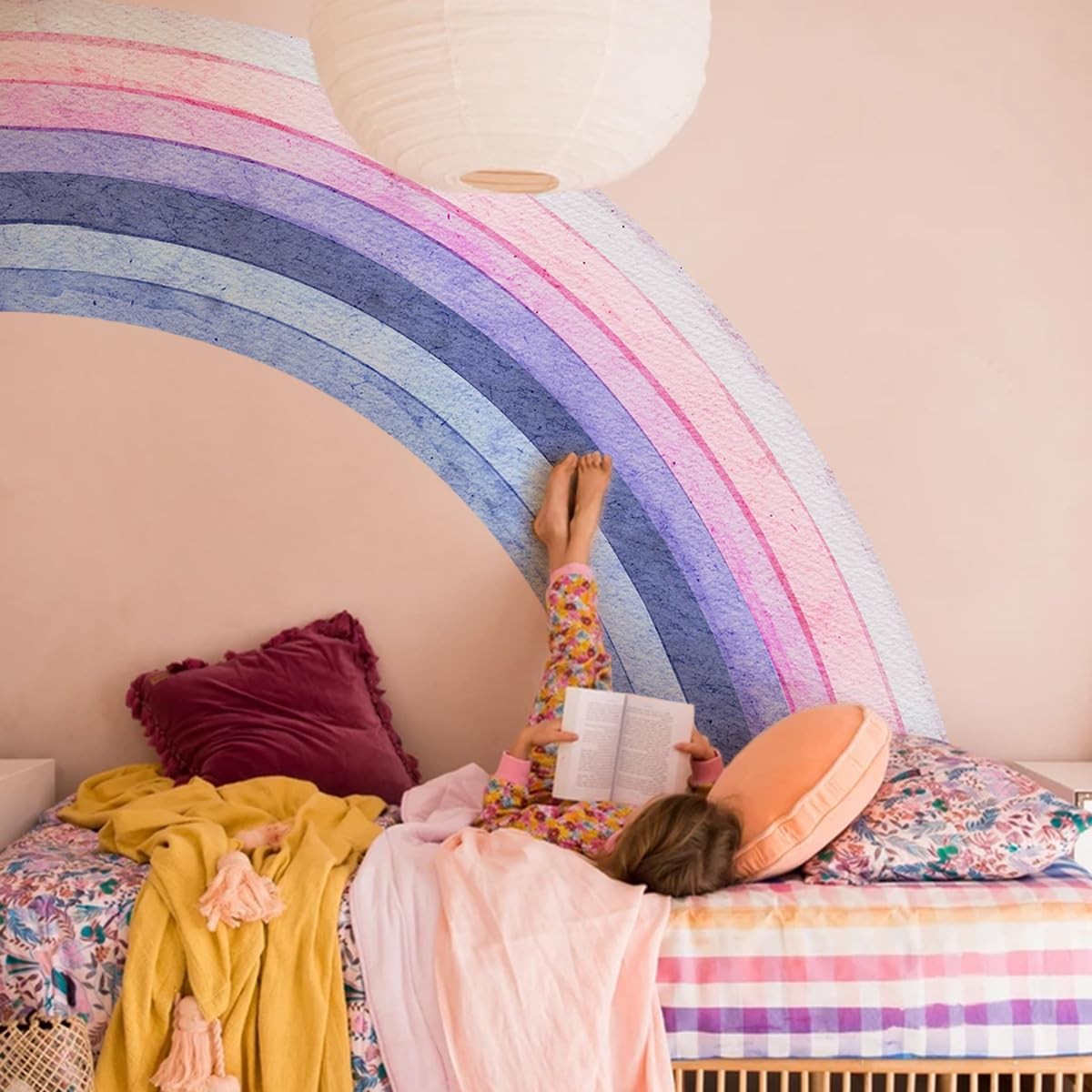 Autocollants muraux arc-en-ciel géants en vinyle pastel pour décoration de chambre de fille