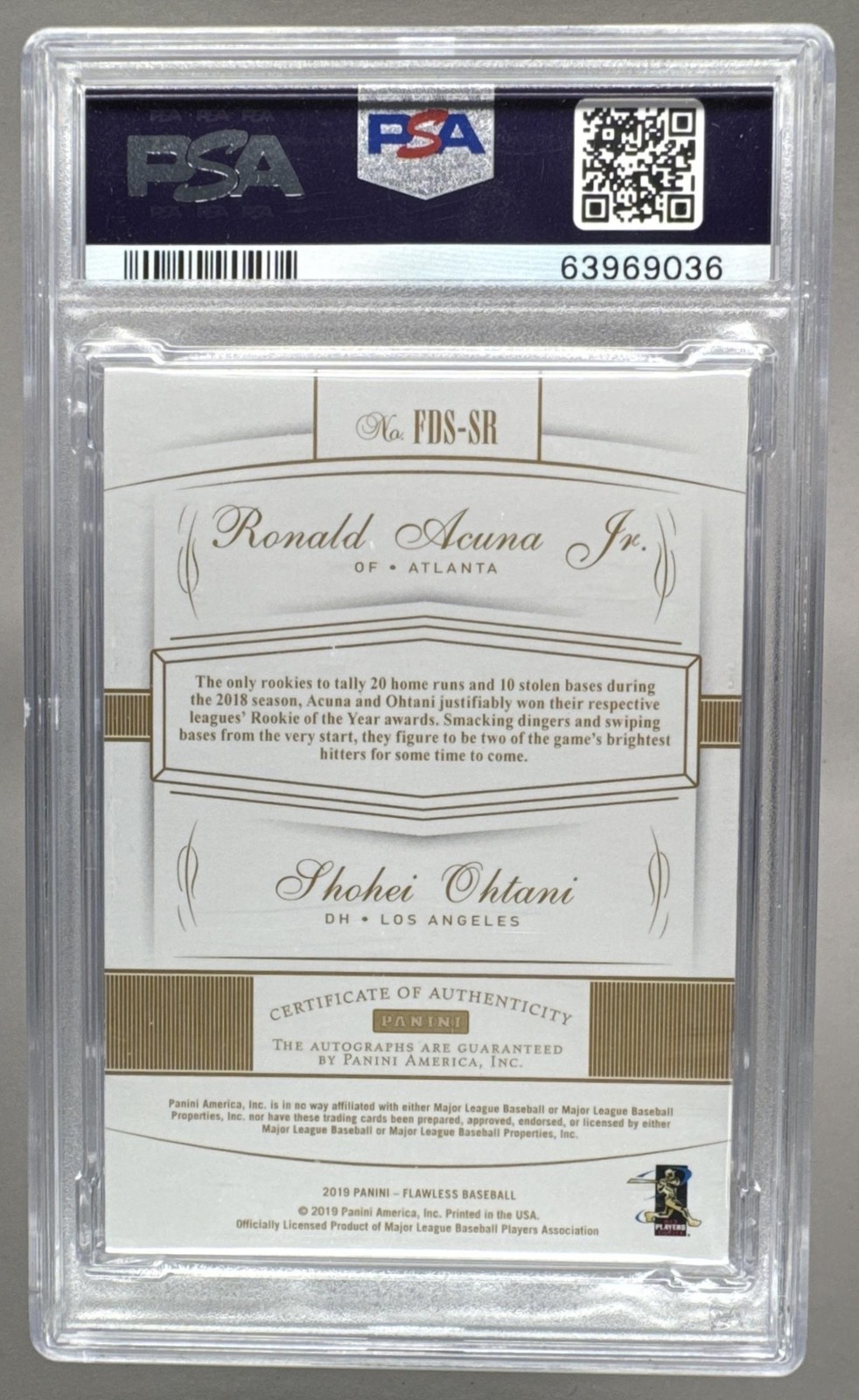 Shohei Ohtani Ronald Acuna Jr 2019 Panini Flawless Auto 17/25 PSA 7 JERSEY # view 2