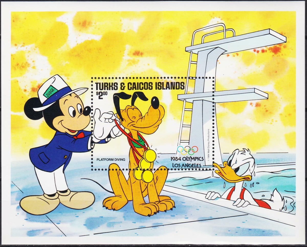 ディズニースタンプアート「Olympics」 Turks & Caicos 1984 Disney Olympics Sports Mickey Mouse