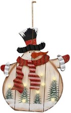 Snowman Wooden Sign Hanging Decor with Led Bulb Rustic Christmas Hanging Wall
