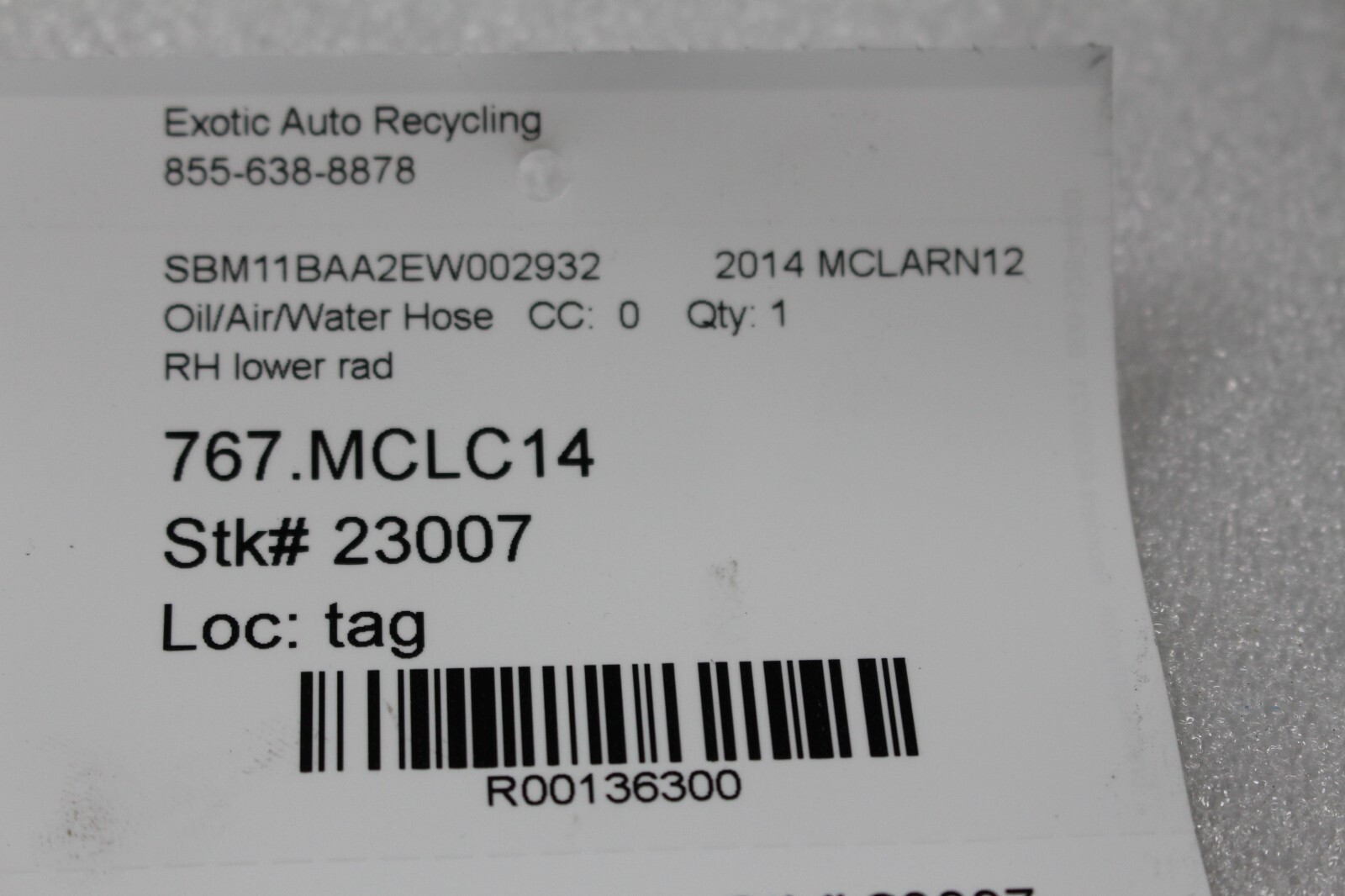 McLaren MP4-12C, RH, Right, Lower Radiator Hose, Used