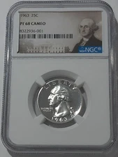 1963 NGC PF68 Cameo 90% Silver Proof Washington Quarter 25c