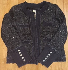 Nanette Lepore NWT Black Boucle’ Frayed Denim Trim Jacket Blazer M Holiday Gold