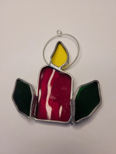 Vintage Buntglas Sonnenfänger Weihnachten Kerze Stechpalme grün rot hängend 4" - Bild 2 von 4