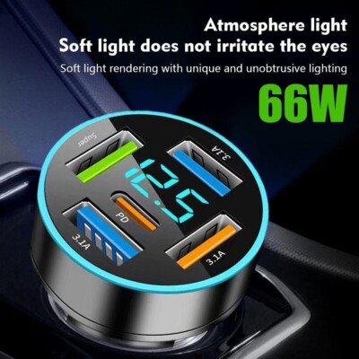 High Power 66W Auto Ladegerät Splitter mit Schnellladung Typ C und 4 USB Ports
