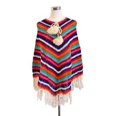 Hippie Poncho Rainbow Wool Fringe Throw Nepal Cloak Crochet Poncho Colorful