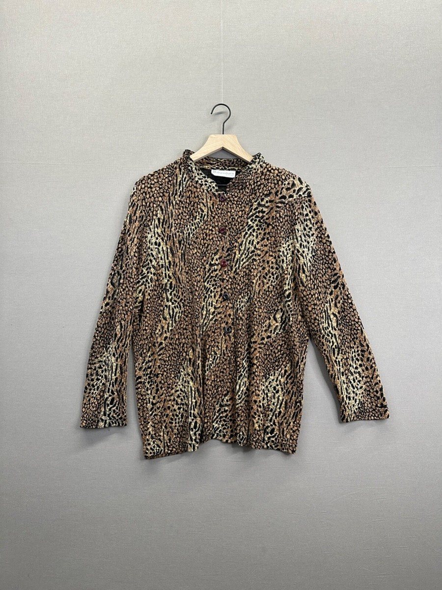 Dressbarn Womens Brown T-Shirt Animal Print Button Long Sleeve No