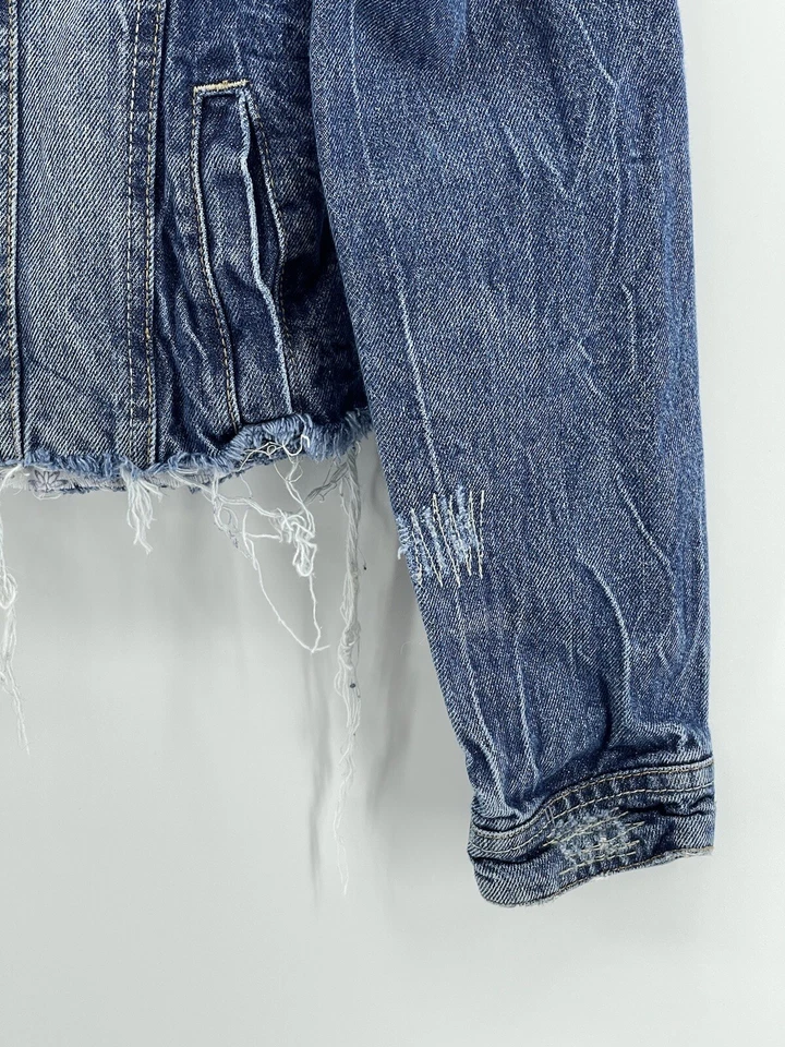 Chaqueta vaquera corta amatista para mujer talla XS azul flecos parches de mezclilla envío rápido Foto 3 de 4