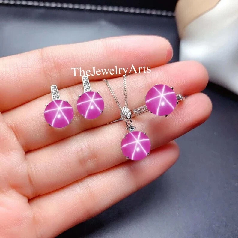 Juego de 4 piezas de estrella de rubí rosa natural para mujer joyería estrella rosa en plata 925 Foto 4 de 4
