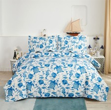 Ocean Theme Quilt Set King Size 3 Pieces Coastal Beach Bedspread Set Turtle S...