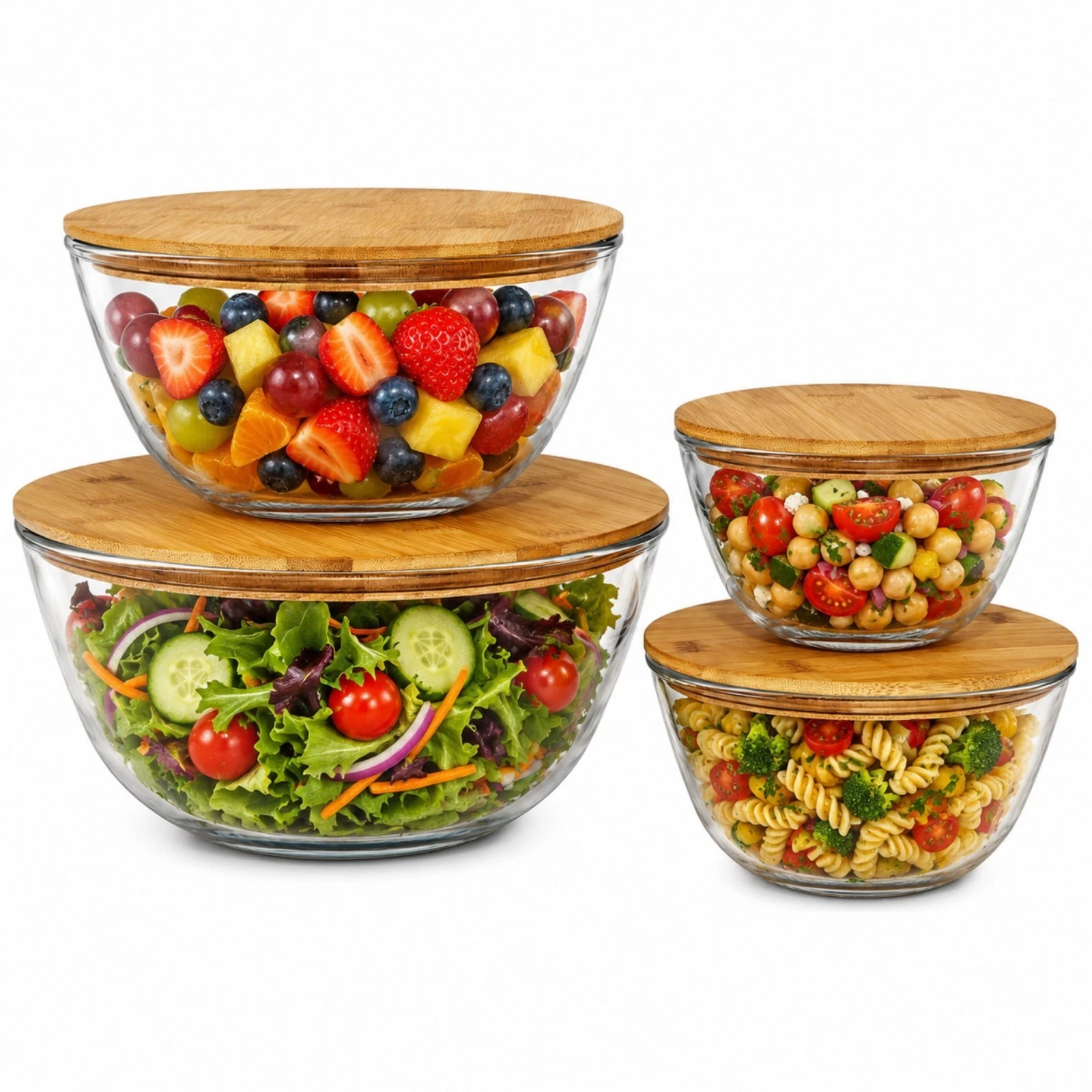 Sorbus 4-Piece Glass Bowl Set with Airtight Bamboo Lids, Mixing & Storage Bowls
