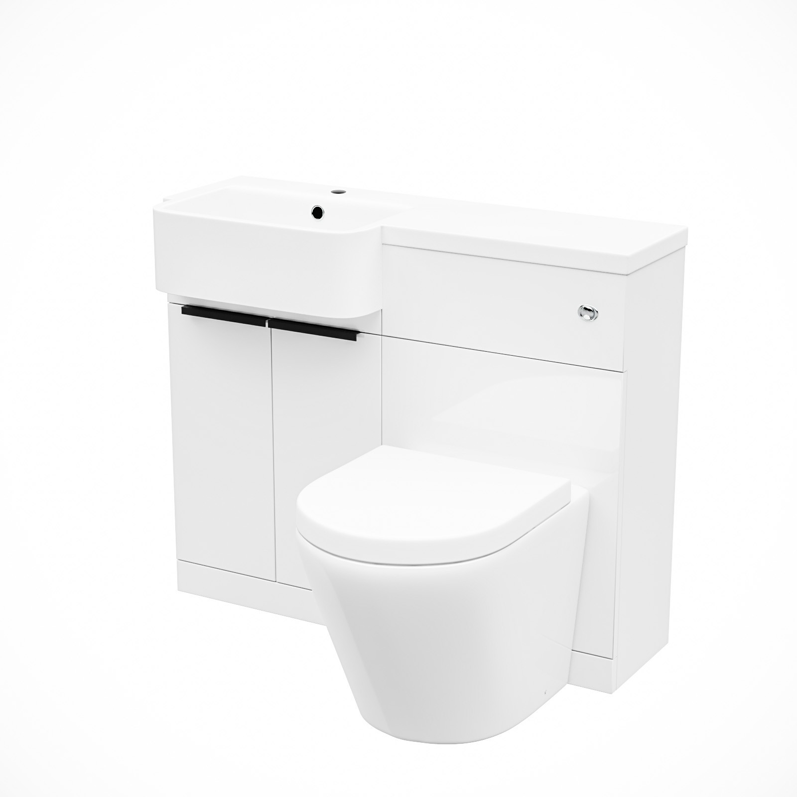 White LH Basin Vanity Unit With Black Handles WC Unit & Rimless Toilet