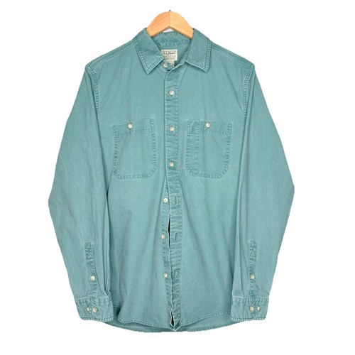 LL Bean Sunwashed Canvas Shirt Mens Green Slightly Fitted Button Up SZ-M Cotton